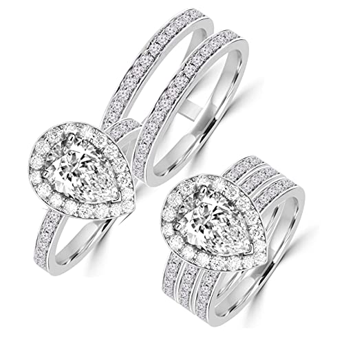 Diamonbella Realistic Simulated Diamond Pear Shaped Halo Ring Double Band Set 2 Carat Solid 925 Silver Platinum Plated PEARDBSET7 (6)