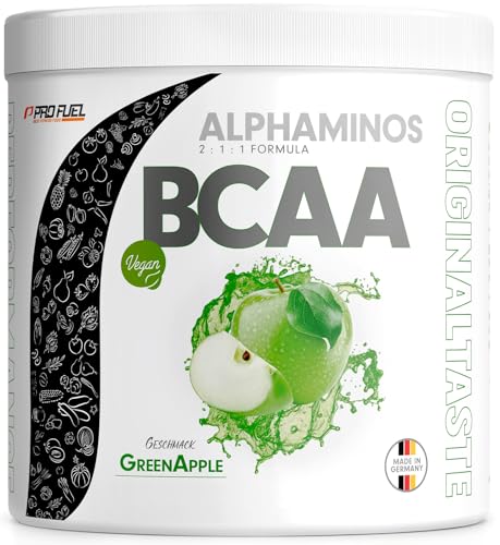 BCAA Pulver 300g GRÜNER APFEL - Alphaminos BCAA 2:1:1 Drink mit 8000 mg B.C.A.A. - unfassbar leckerer Geschmack, Essentielle Aminosäuren Leucin, Isoleucin & Valin - 100% vegan und laborgeprüft