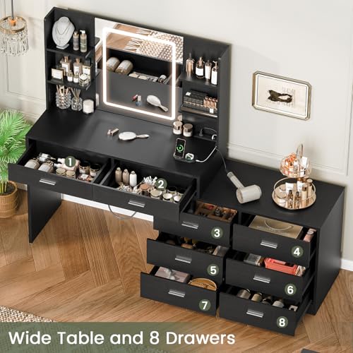 Image of FIONESO Vanity Desk with LED Light Mirror & Power Outlet, 8 Drawers, 6 Storage Shelves, 3 Color Modes & Adjustable Brightness Makeup Vanity, Corner Vanity, L Shape Vanity, 39.4 inch-64.9 inch Desk, Black