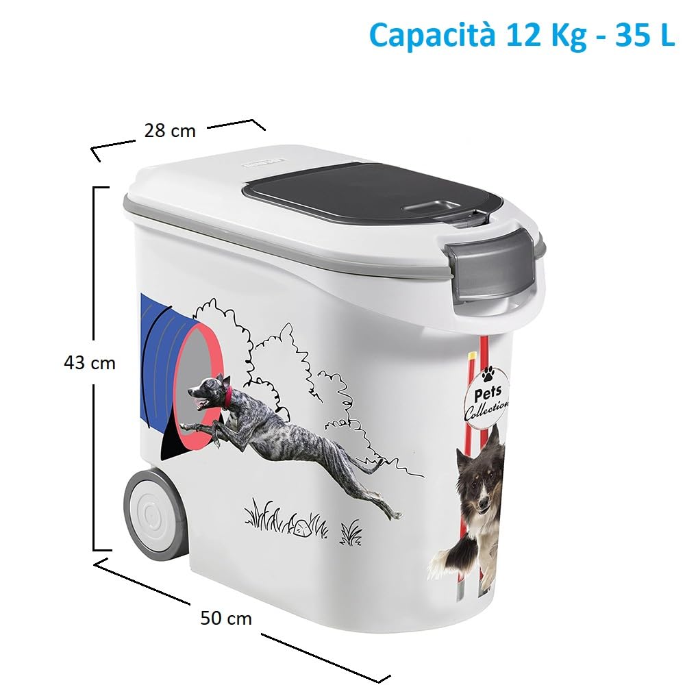 PALUPLUS Contenitore per Crocchette per Cani, misura 28x50x43 cm, Porta crocchette con Coperchio e Ruote, Chiusura Ermetica Antiodore, per Cibo Secco, Capacità 35 Litri -430C (12 kg)