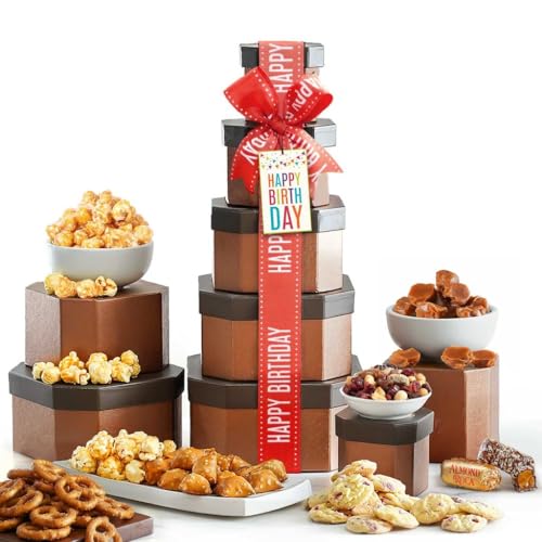 Birthday Gift Basket Tower for Women, Him, Gourmet Snacks & Sweets Food Gifts, Treat Box with...