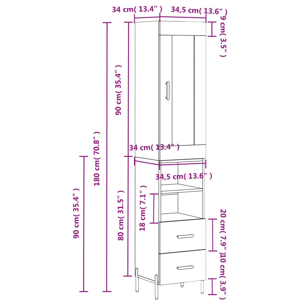Komoda biała z materiału drewnopochodnego z metalowymi nóżkami, 34,5 x 34 x 180 cm, miejsce do przechowywania, kredens, komoda z drzwiami i półką, do salonu, przedpokoju, biura, porządku i