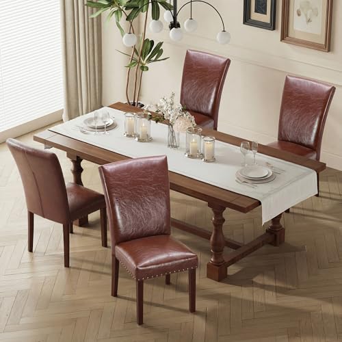 Image of COLAMY Upholstered Parsons Dining Chairs Set of 4, PU Leather Dining Room Kitchen Side Chair with Nailhead Trim and Wood Legs - Light Brown