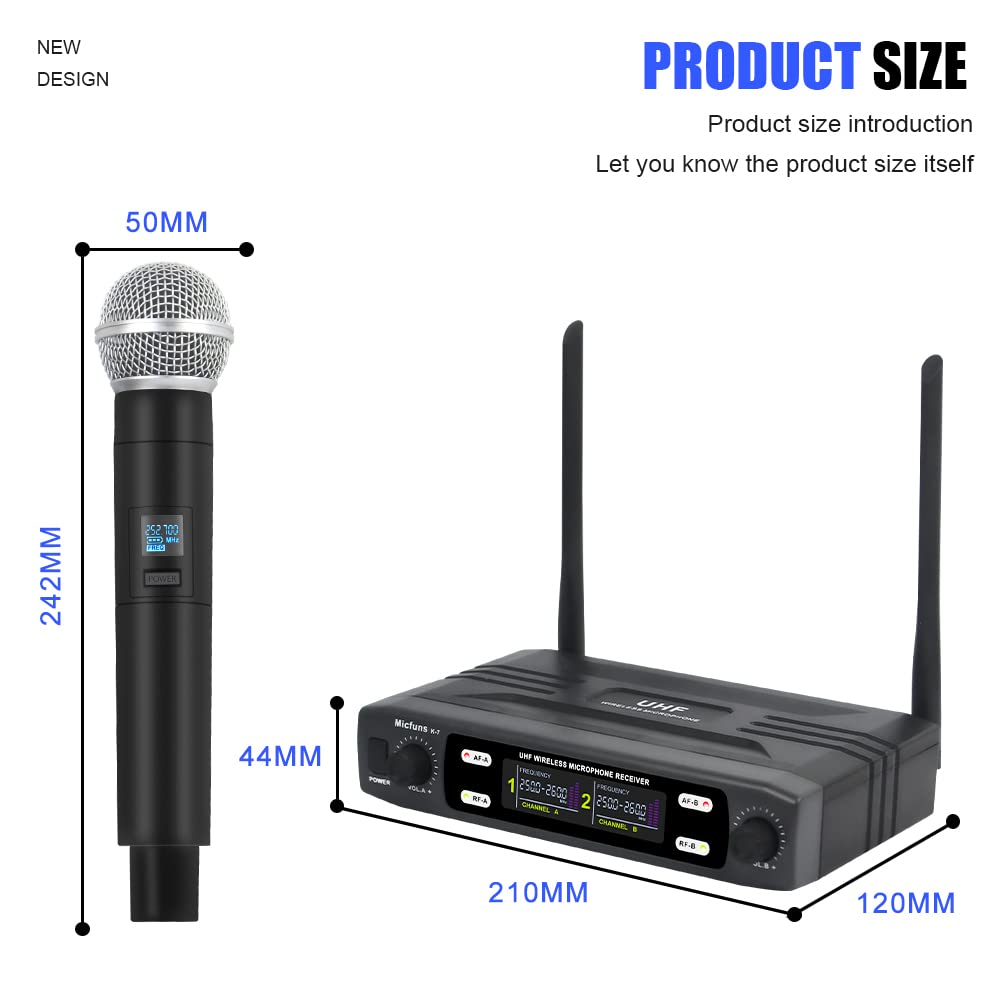 K7 Kit de microphone professionnel sans fil 2 portable VHF 230-250 MHz 100 m pour karaoké, fête, langue