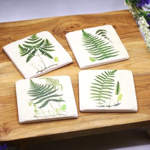 Ceramic Coasters with Fern Design and Cork Backing Cover