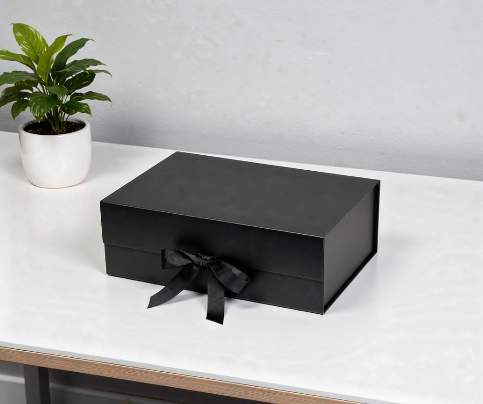 Image of Awestuffs Premium Black Gift Boxes for Gift Packaging, Reusable Decorative Gift Boxes (23 x 16 x 10 cm) for Hampers, Weddings, Birthdays, Festivals & Corporate Gifts (Pack of 1)