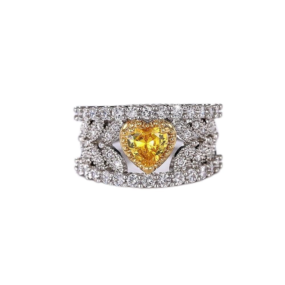 925 Sterling Silver Shiny Full Diamond Gemstone Ring 18K Gold Heart Citrine Cubic Zirconia Promise Rings CZ Diamond Multi Row Rings Eternity Engagement Wedding Party Ring for Women A.32