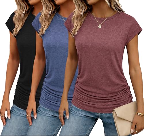 Zeagoo 3 PCS Fitted Shirts for Women Ruched Cap Sleeve Tops