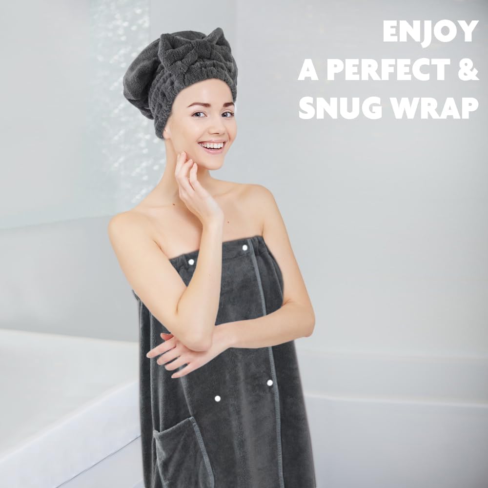 SUNLAND Women Hair Drying Towel and Microfiber Bath Towel Wrap,Adjustable Soft Body Wraps Dress with Hair Towels, Super Absorbent to Quick Drying 32 Inch x 60 Inch Dark Grey - Image 6