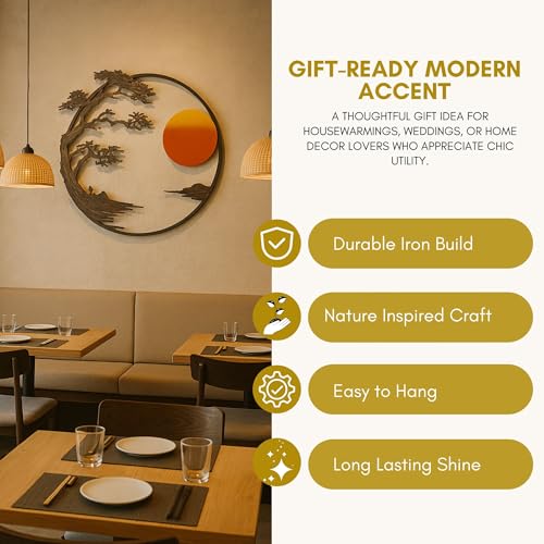 Image of RAZISH Sunset Serenity metal Wall Art | Abstract Sun Wall Decor | Modern Handcrafted Luxury Designer Sun Iron Wall Decor | Perfect for Living Room, Drawing Room, Hotel, Restaurant (Brown Leaves) (With LED)