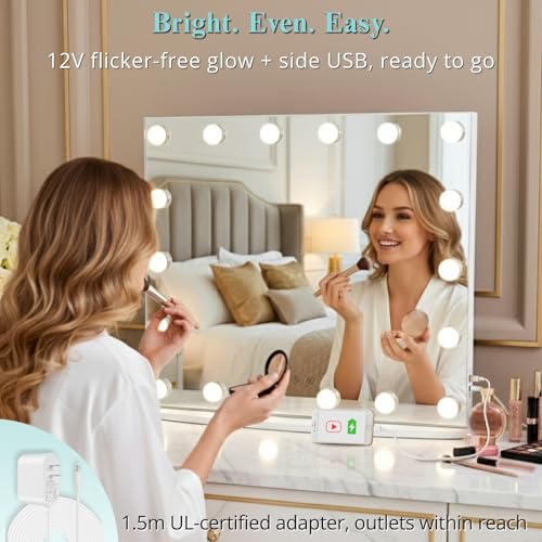 Image of LUXFURNI Vanity Mirror with Lights, 23.6 inch Hollywood Makeup Mirror White | 18 Surround LED Bulbs, 360 Shadow-Free Lighting, 3 Color Modes, USB Charging, Tabletop & Wall Mount for Bedroom Dorm Desk