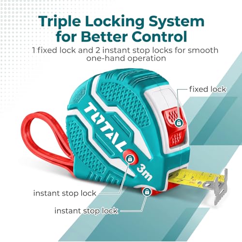 Image of TOTAL 3m x 16mm Steel Heavy Duty Measuring Tape with Double Sided Metric & Inch Scale, 3 Lock Buttons, Matte Anti-Glare Blade, Shockproof Rubber Case with Belt Clip Tape Measure for Construction Use