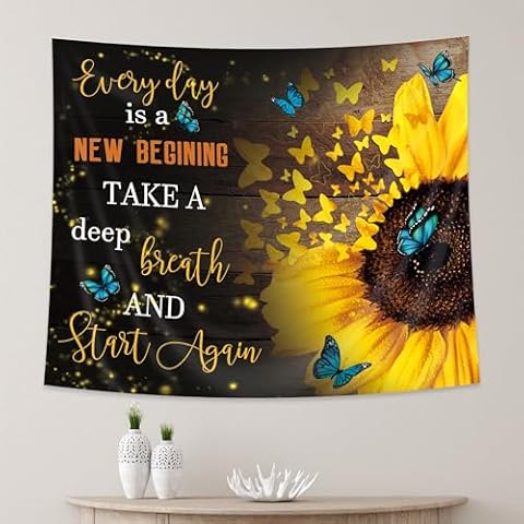 AMBZEK Yellow Sunflower Tapestry 51Hx59W Inch Butterfly Floral Bloom Flower Spring Plant Brown Rustic Farmhouse Nature Country Motivational Quotes Wall Hanging Bedroom Living Room Dorm Decor Fabric Cover