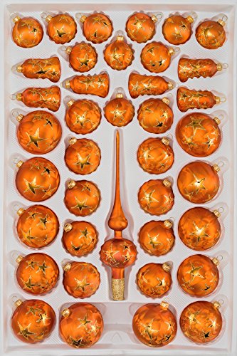 39 TLG. Glas-Weihnachtskugeln Set in Ice Orange Gold Goldener Stern - Christbaumkugeln Set - Weihnachtsschmuck-Christbaumschmuck