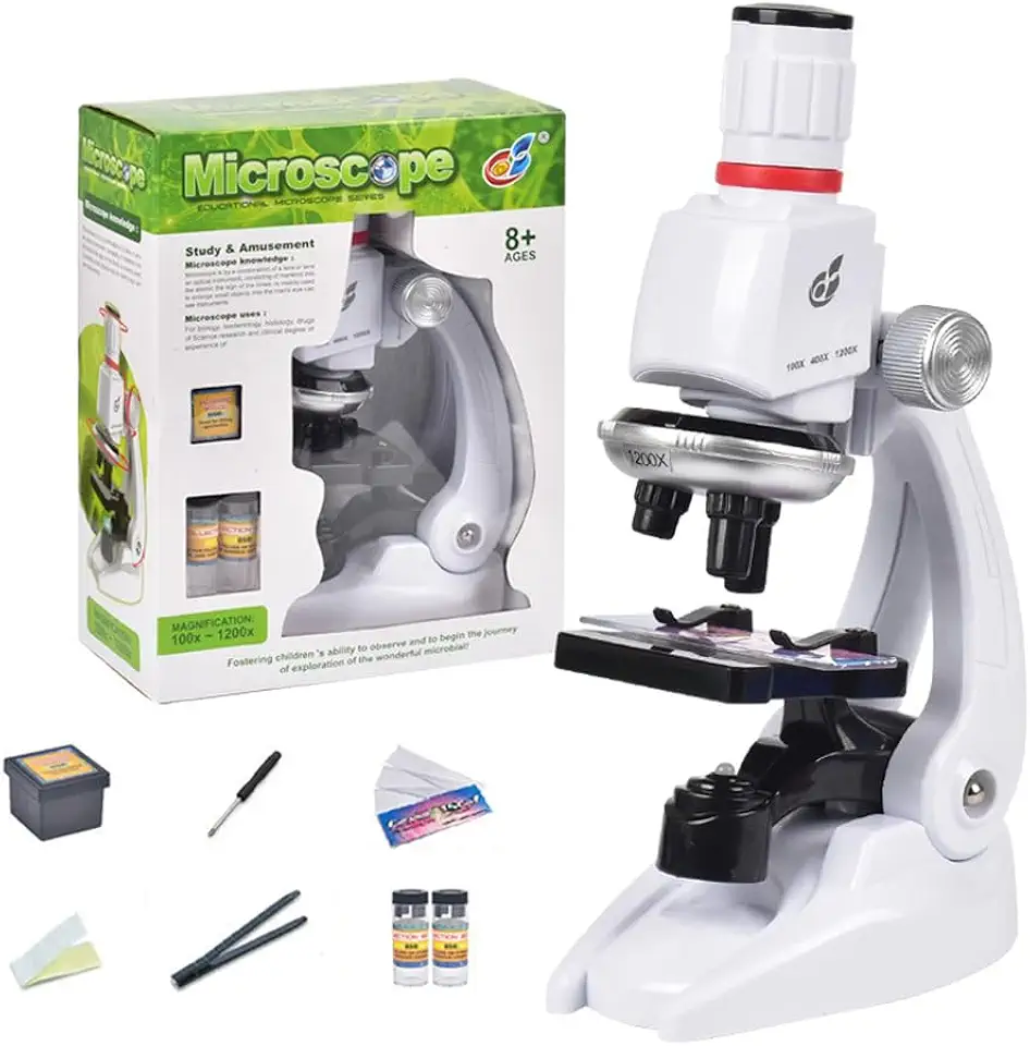 FINYQBET Microscopio Infantil 1200x - Kit de Microscopio para Niños con 100x, 400x, 1200x Aumentos, Incluye Amostras de Vidro, Frascos de Coleta y Pinzas - Ideal para Regalos de Cumpleaños
