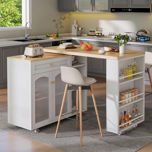Image of LYNCOHOME 71.1 inch Rolling Kitchen Island with 360 Rotating Tabletop, Mobile Lockable Wheels & Adjustable Shelves, Multifunctional Storage Cart for Kitchen & Dining（White）