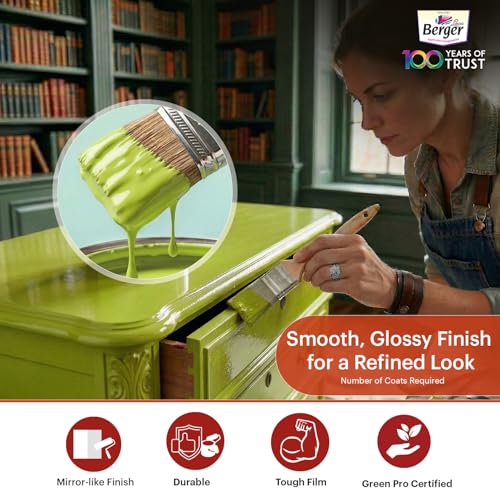 Image of BERGER Luxol Hi-Gloss Enamel Paint | Oil-Based | Mirror Like Durable Weather Resistant High Gloss Finish | for Interior & Exterior Wall Wood Metal Surfaces | Green Pro Certified(500mL, Bus Green)