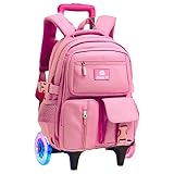 Mochila Escolar com Rodinhas LED, 3 Compartimentos, 4 Bolsos, Alça Dupla, resistente e regulagem de altura, Unisex (Rosa)