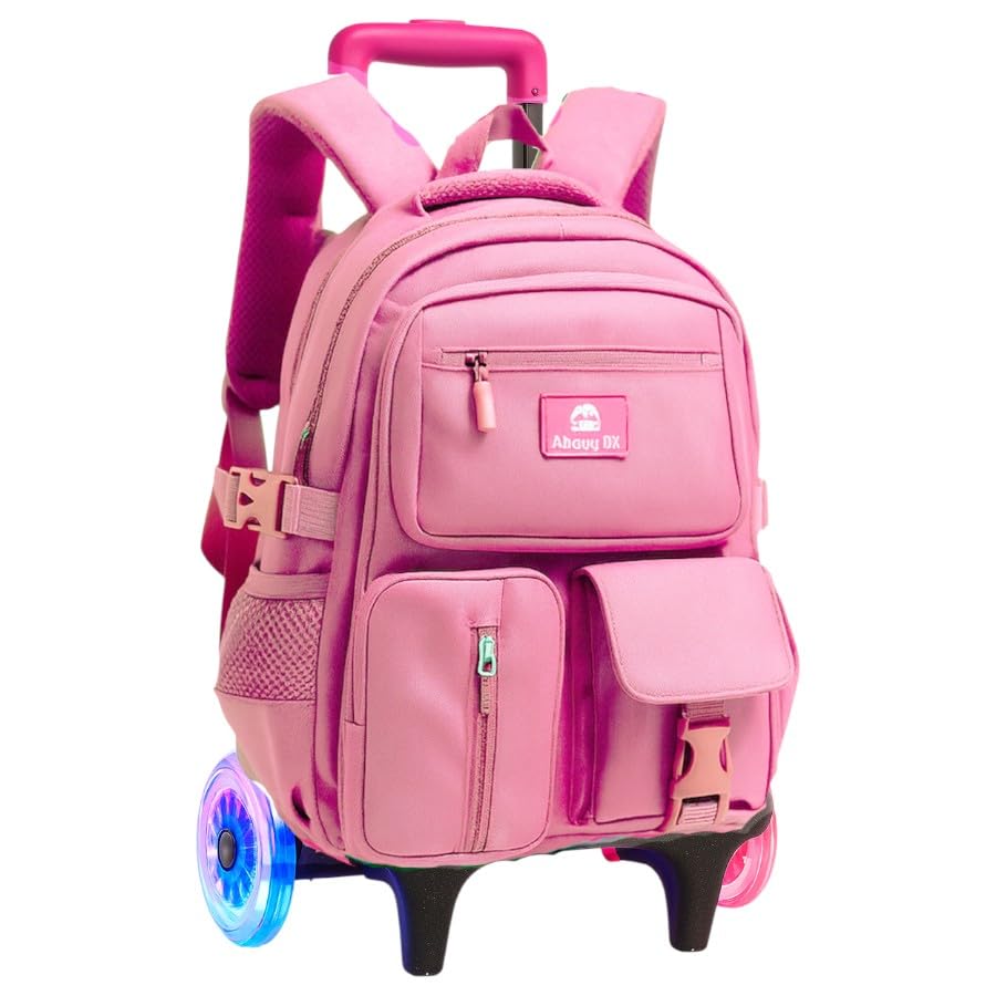 Mochila Escolar com Rodinhas LED, 3 Compartimentos, 4 Bolsos, Alça Dupla, resistente e regulagem de altura, Unisex (Rosa)
