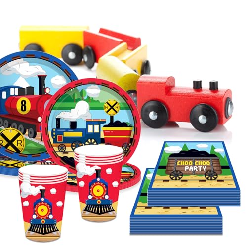 Bikasun Zug Geburtstag Party Supplies, Zug Partygeschirr Train, Zug Geburtstag Party Geschirr Set Zug Geburtstag Teller Train Kindergeburtstag Deko Auto Pappteller Becher Servietten Tischdeko
