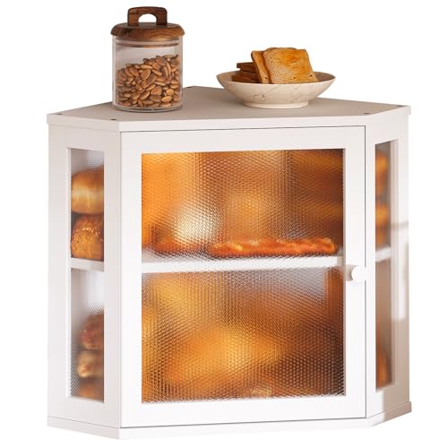 Furshus Corner Bread Box for Kitchen Countertop,Bread Storage for Homemade Bread, Double Layer Large Bamboo Kitchen Storage Bin with Window (White, Medium)