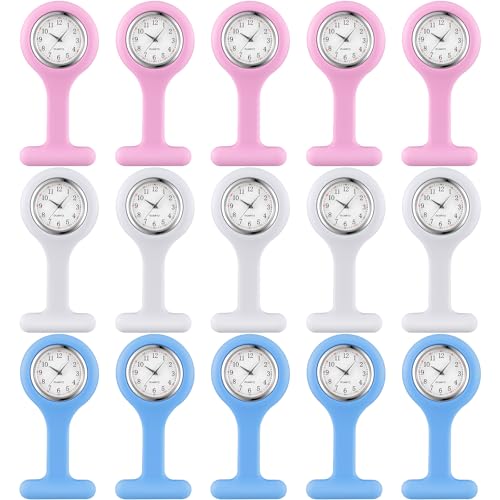 Kenning 15個パック クリップオン ナースウォッチ レディース メンズ シリコン ラペルピン ポケット フォブ 聴診器 時計 秒針付き 医師 看護師 学生 卒業 クリスマス 誕生日プレゼント, ピンク、ブルー、ホワイト。