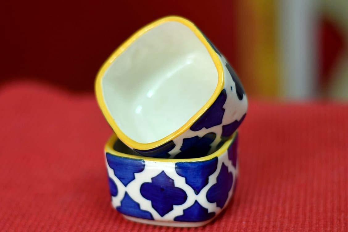 Crock Comforts- Stoneware Blue Classic Moroccan Pattern Chutney/Serving/Dessert/Dip/Bowl -Set of 2 (Square Shape,Microwave & Dishwasher Safe, CC-MSC02)