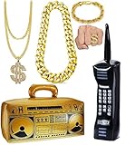 6 Pieces 80s 90s Hip Hop Costumes Kit Inflatable Mobile Phone Radio Boom Box Dollar Sign Necklace Ring Fake Gold Chain Bracelet for Party Cosplay