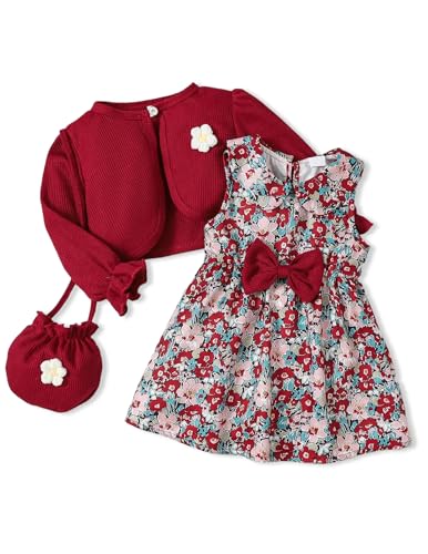 Baby Girl Clothes 6-9-12 Months Dresses Fashion Girls Clothing Infant Fall Winter Coat Outfits Red Cardigan with Cute Bag Overall Set 3 Pcs