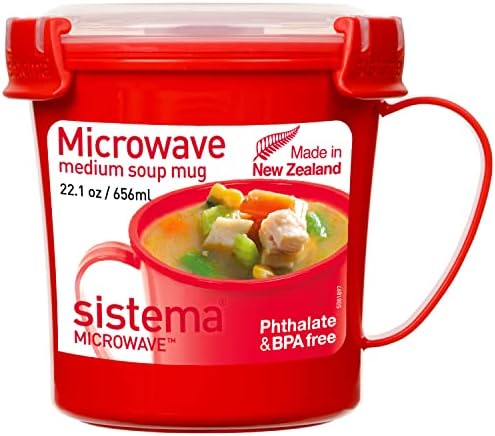 Sistema Microwave Soup Mug with Lid and Steam Release Vent, Dishwasher Safe, 22.1-Ounce, Red