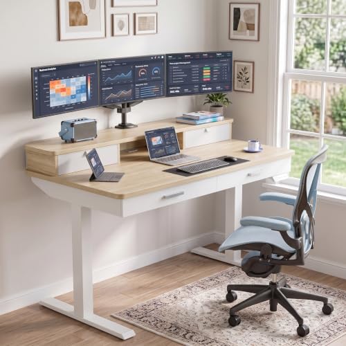Image of HUANUO 55 x 30 inch Electric Standing Desk with 2 Wood Drawers, Adjustable Height Sit Stand Desk for Home Office, Ergonomic Stand up Desk with 4 Memory Presets, 176 lbs Capacity, Natural Top