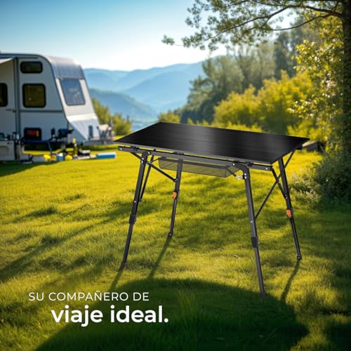 tectake® Mesa Camping Plegable con Altura Ajustable, Mesa Auxiliar de Aluminio con Topes, Mesa Exterior para Jardín, Terraza, Picnic, con Red de Almacenamiento y Bolsa de Transporte, 90x52x70 - Negra - imagen 8
