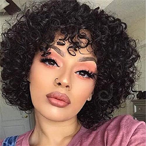 Donmily 10A Short Curly Wigs Malaysian Pixie Cut Human Hair Wig Curly Bob Wigs Lace Front Wigs Human Hair Machine Made Natural Black Wigs With Cap Replacement For Women #TOP1