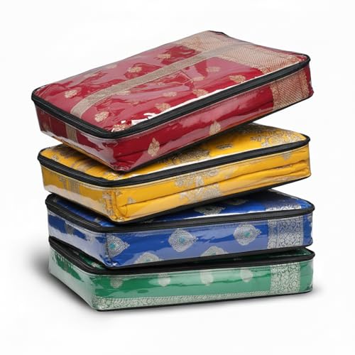 Image of Crasome Saree Bags /Covers for Storage Set of-4 Big Size With Zip Closure for Clothes Bags and Wardrobe Organizer With Transparent Window (SC-TS-4Q)