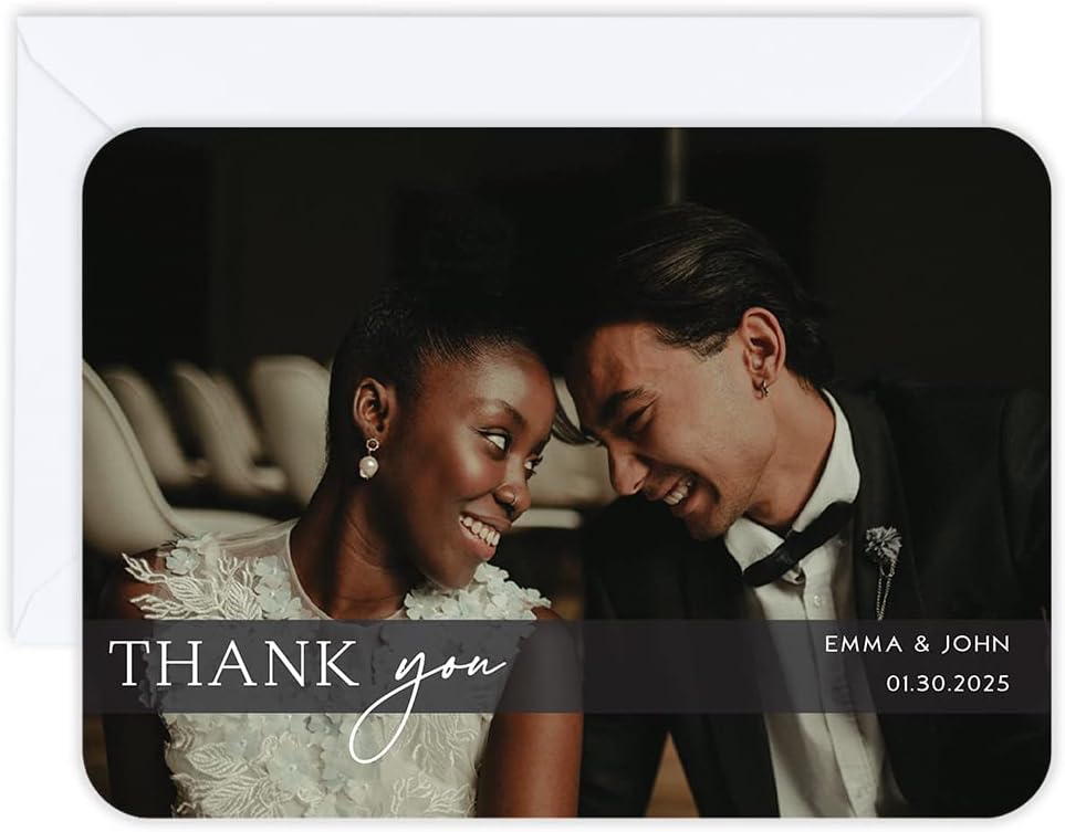 Andaz Press Personalized 5x7-Inch Photo Thank You Cards with Envelopes, Frosted Black Modern Wedding Thank You Card with Message, Custom Photo, Name, Date, Wedding Thank You Notes, 24-Pack