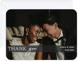Andaz Press Personalized 5x7-Inch Photo Thank You Cards with Envelopes, Frosted Black Modern Wedding Thank You Card with Message, Custom Photo, Name, Date, Wedding Thank You Notes, 24-Pack
