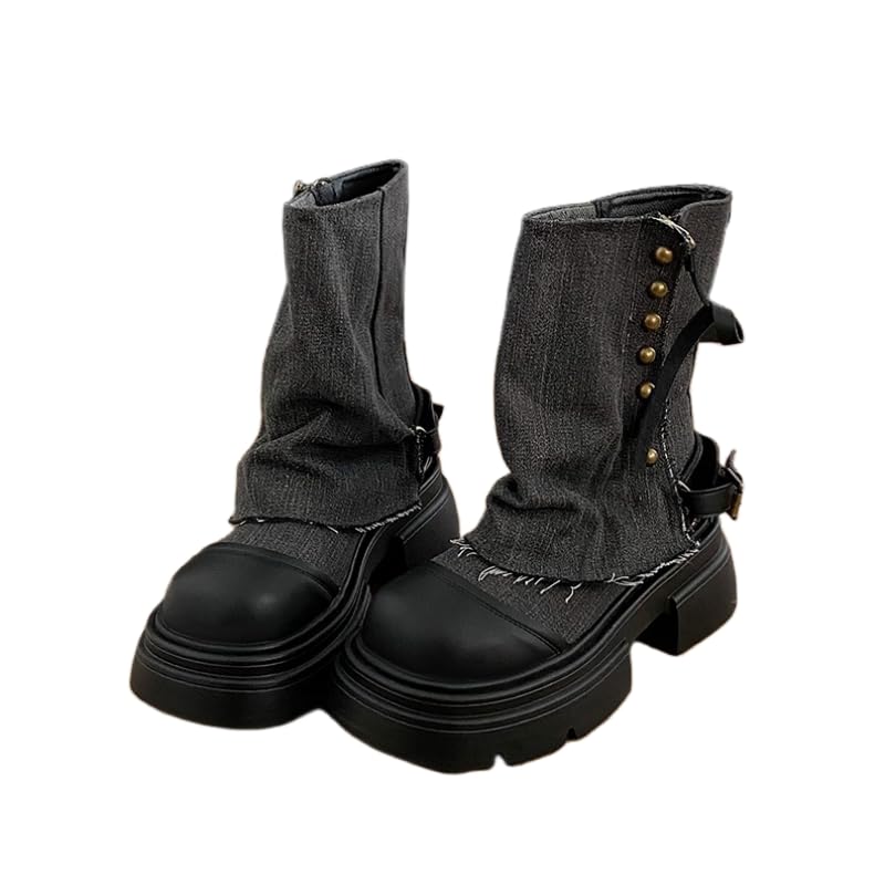High-top Womens Shoes Womens Autumn and Winter Popular Denim Boots Thick-Soled High-Heeled Short Mid-Calf Boots Versatile Fashion Athletic