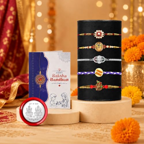 Image of Periapt Rakhi Gift Set for Brother & Bhabhi - Traditional Rakhis with Silver Coin & Greeting Card - Combo for Raksha Bandhan