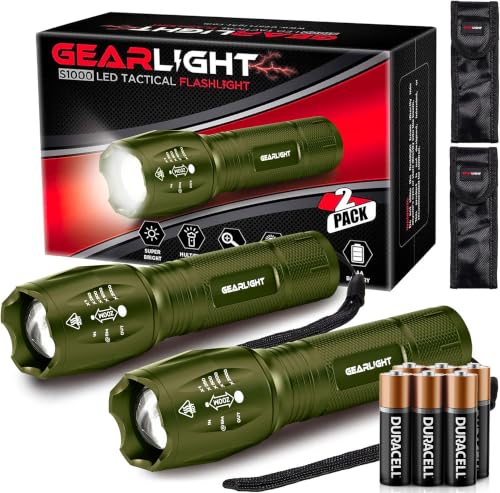 Image of GearLight LED Flashlight High Lumens, Mini Tactical LED Flashlight 2 Pack, 5 Modes Zoomable Beam, Battery Powered for Camping, Hunting, Home & Emergency, Compact Small LED Flashlight (Army Green)