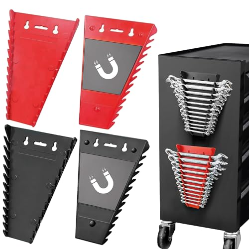 Magnetic Wrench Organizer 2-Piece,Wrench Rack Tool Trays, SAE (1/4" to 1-1/16"), Metric (6mm to 24mm),24-Slot Drawer Storage Tools, Wrench Set Holder,red Black