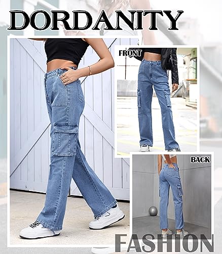 Dordanity Y2K Cargohose für Damen Baggy Hosen High Waist Wanderhose Baumwolle Arbeitshose mit Multi Taschen(Denim Blau,L)