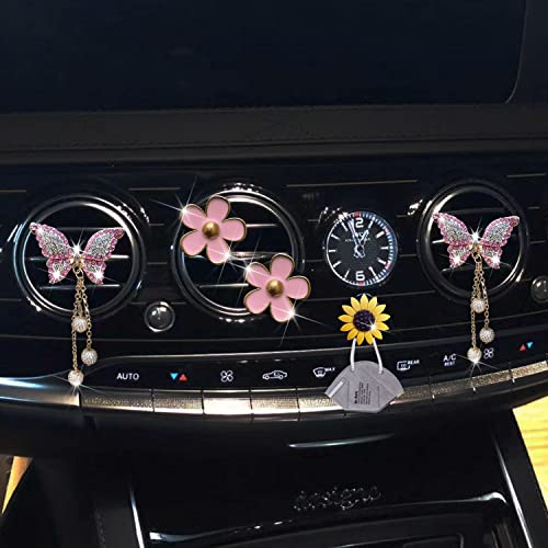 Image of Daisy & Butterfly Pandent 4 Pcs Bling Car Air Fresheners, Vents Clips with Diamond Decor & Sunflower Mask Hook