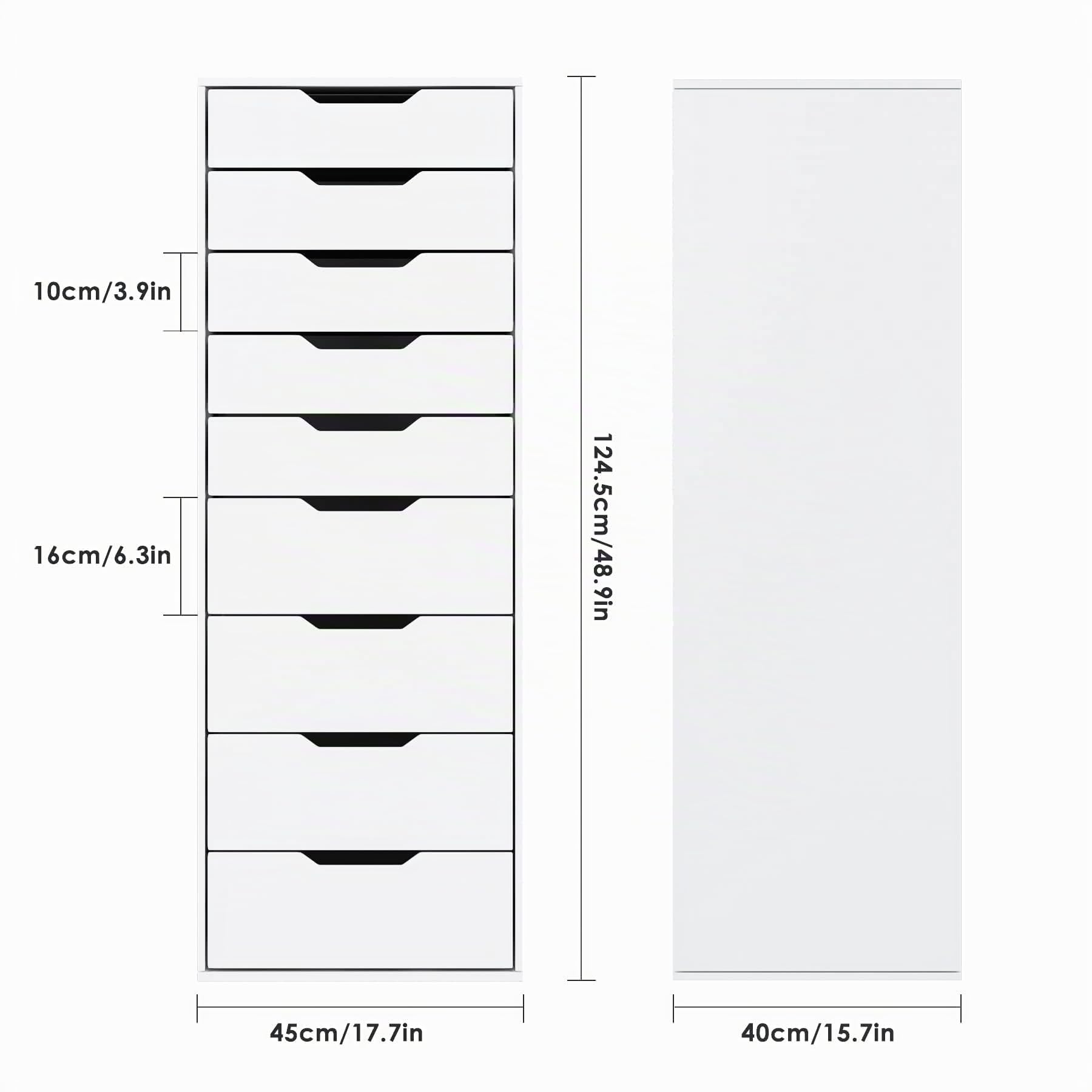 FOREHILL 124,5 cm Cassettiera alta Bianca,Cassettiera a 9 cassetti,Comò con Cassetti Comodino in Legno,Mobiletto Autoportante per Soggiorno, Camera da Letto, Corridoio, Cucina 40 x 45 x 124cm(Bianco)