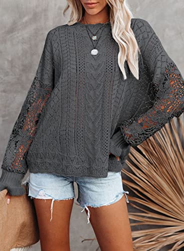 Image of Dokotoo Womens Crewneck Crochet Lace Long Sleeve Hollow Out Cable Knit Sweaters Pullover Tops