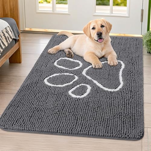 Image of Smiry Dog Door Mat for Muddy Paws, Absorbent Dirt Trapper Non Slip Quick Dry Washable Chenille Mat for Mud Dogs, Entry Rug for Indoor and Outdoor (40x32 Inches, Dark Grey and White)