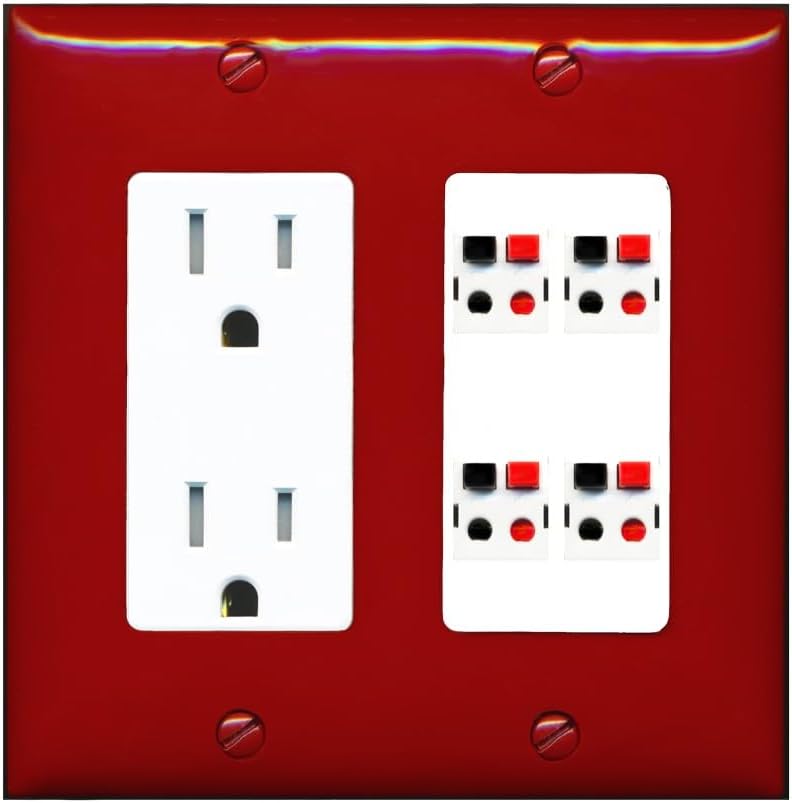 RiteAV 4 Port Speaker Wire Plug Jack Wall Plate - Tamper-Resistant Outlet [Red/White]