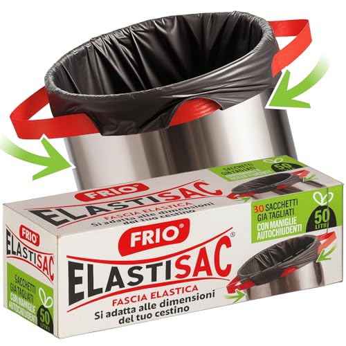 FRIO - Elastisac 50L, 30 Sacchetti Spazzatura con Maniglie Elastiche Autochiudenti, Posizionamento Facile Senza Sforzo, per Pattumiera Rifiuti e Immondizia, Ultra Resistenti, già tagliati 68x72 cm