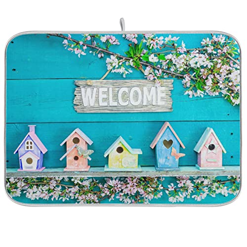 Absorbent Dish Drying Mat for Kitchen Counter - Label on Wooden Board Microfiber Drying Pad, Reversible Drainer Mats for Countertop, Small 16 x 18 inch