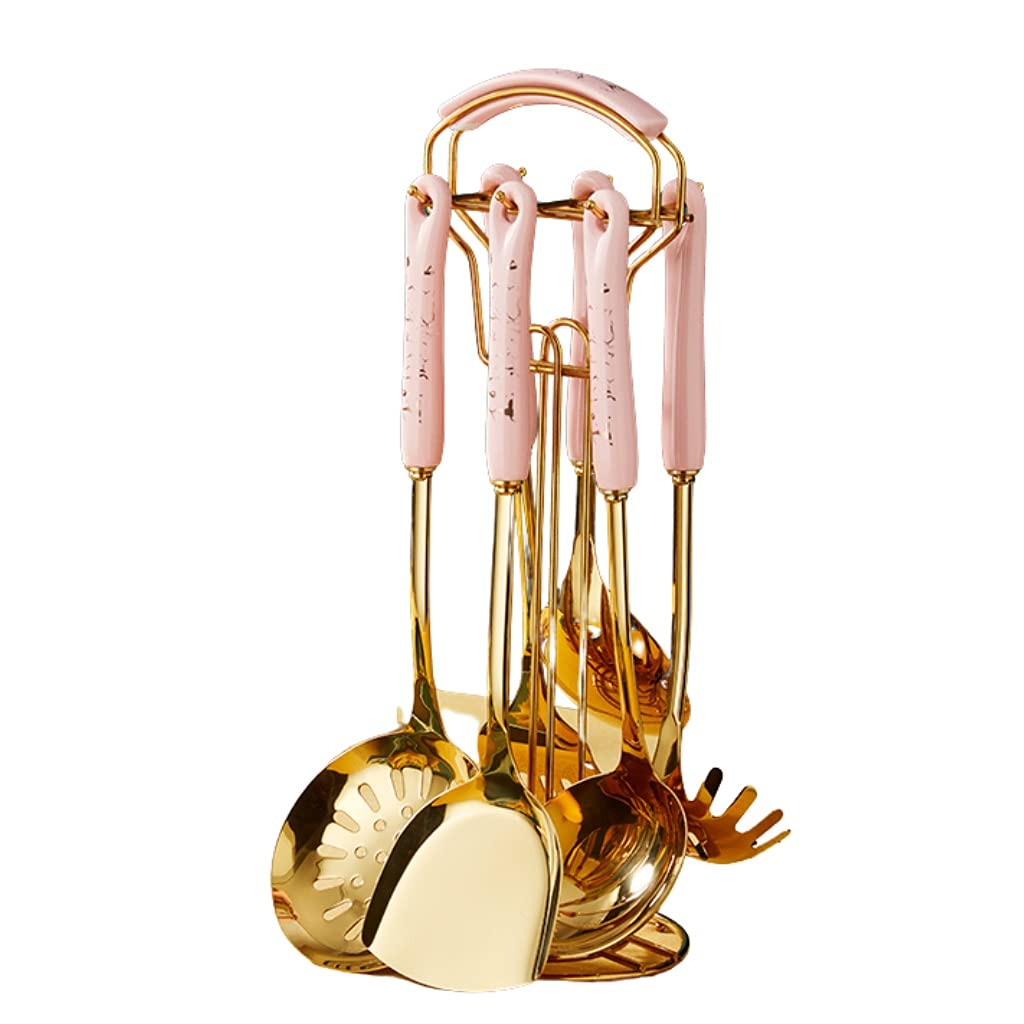 GTHTUHFD Kitchen Utensils Set With Holder Stainless Steel Cooking Utensil Set Ceramic Handle Farmhouse Style Cooking Tool Kitchen Gadgets Tools Cookware Set,A,Pink