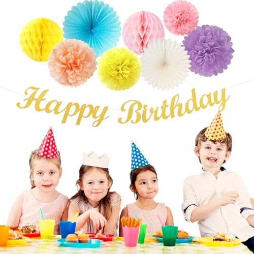 Image of Pastel-Rainbow Colorful Birthday Party-Decorations Paper-Flowers - 14pcs Happy Banner Carnival Theme Lanterns Tissue Pom Poms,Macaron Streamers Garland Fans Honeycomb Hanging Supplies Decor Hugfond
